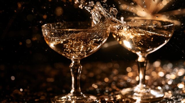 Premium commercial lifestyle food photography of luxury vintage crystal champagne coupes clinking in a midnight toast with fireworks bokeh