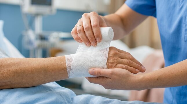 Nurse wearing blue scrubs applying sterile white gauze bandage to injured hand of elderly patient to promote healing in clinical hospital room environment area.
