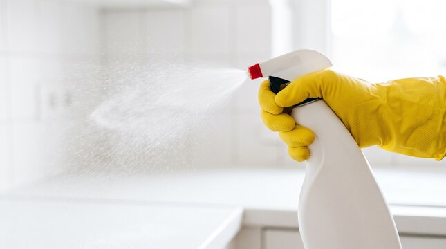 Person wearing yellow rubber gloves holding white plastic spray bottle cleaning surfaces with antibacterial liquid for maintaining hygiene in residential kitchen.