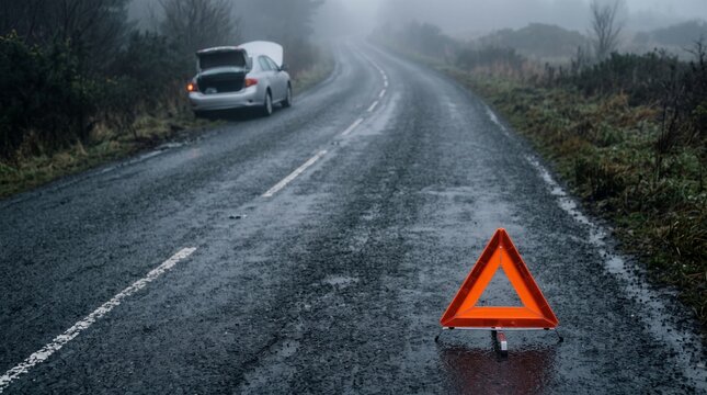 Orange warning triangle sign on wet foggy road with broken down car, emergency concept for roadside assistance.