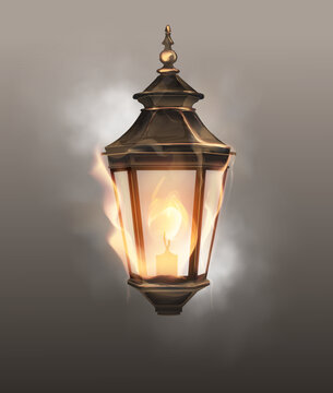Vintage gothic lantern with burning candle and fiery flames on smoky background vector illustration