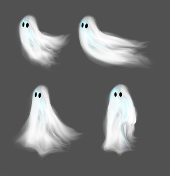 Spooky halloween ghost characters set, white flying translucent phantoms vector illustration