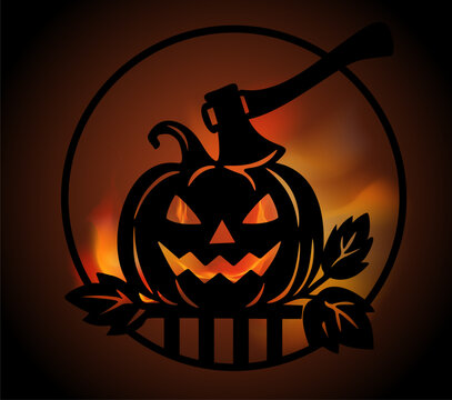 Halloween jack o lantern pumpkin silhouette with axe and fire background vector illustration