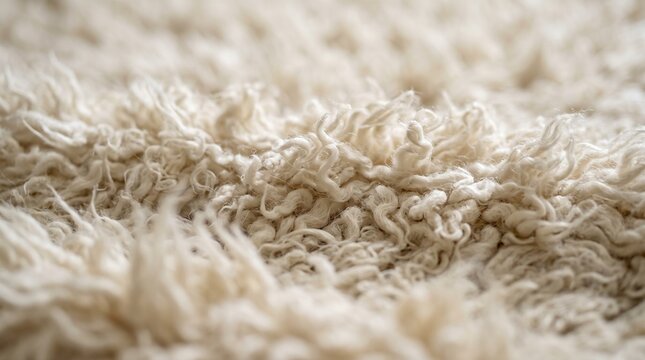 Cream shag carpet or rug background with long, shaggy fibers, close up view showing detailed textured pattern.