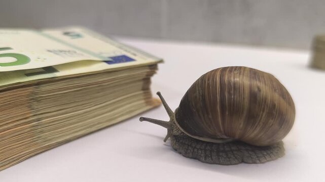 a snail crawls on white paper towards a stack of copper coins