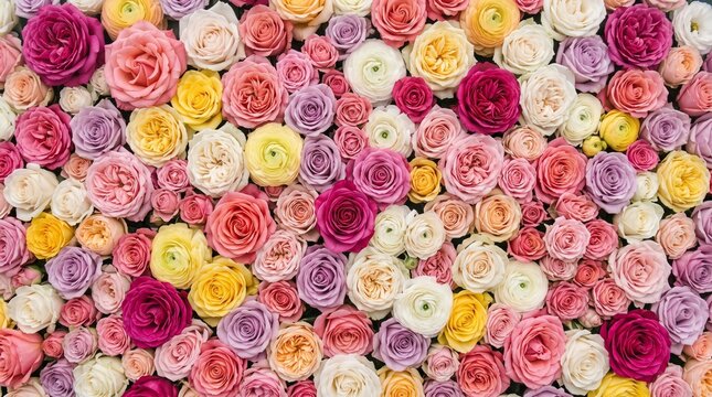Colorful roses background with various shades of pink, yellow, and purple flowers, full frame floral pattern.