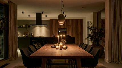 Fototapeta premium Dining table with lit candles and wine glasses, creating a cozy, luxurious ambiance in a contemporary open plan kitchen and living space