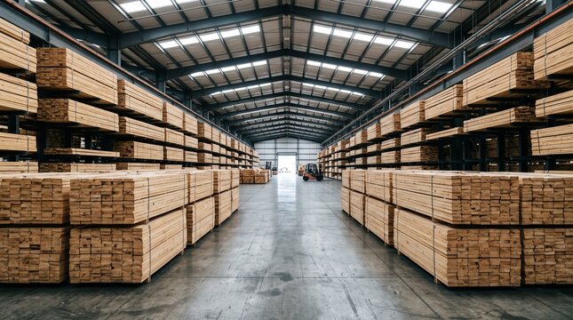 Industrial timber warehouse interior showcases organized stacks of fresh pine lumber along spacious concrete aisles ready for construction manufacturing supply.