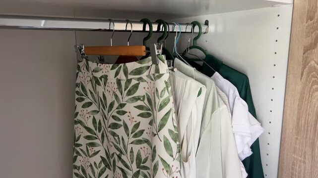 Close-up of a wardrobe with a hanger rod, in which things hang, in which a woman's hand hangs a white blouse on a hanger. Business style, choice of clothes, storage of things, women's wardrobe. High