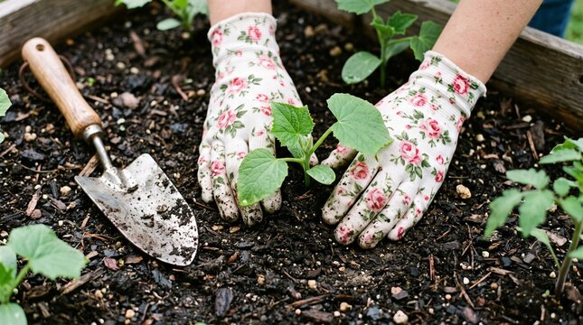 Gardener wearing floral gloves planting young green cucumber seedling in rich dark soil inside wooden raised garden bed utilizing vintage metal hand trowel.