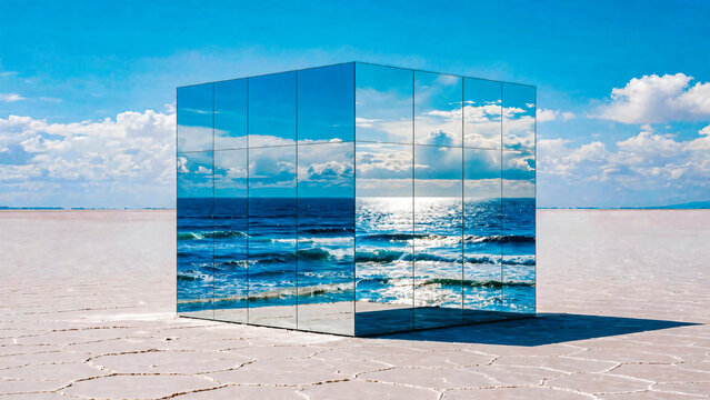 Cube avec le reflet de la plage, du ciel et de l'ocean dans le desrt