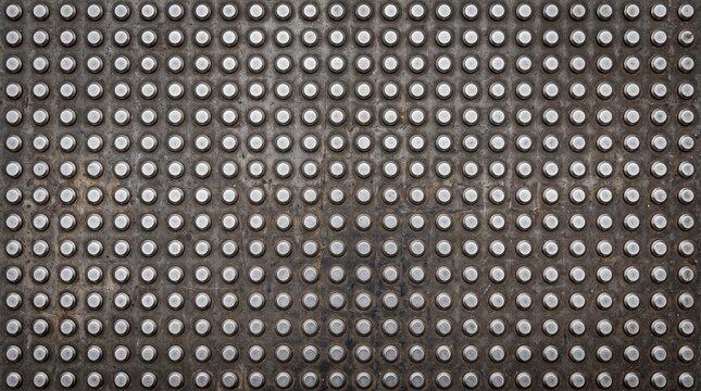 Industrial metal flooring sheet with raised circular texture in dark grey finish perfect for heavy duty safety surfaces and modern urban construction projects.