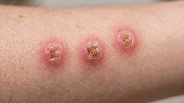 Medical clinical view of three inflamed skin lesions on human forearm showing raised crusty patches indicative of dermatological condition needing consultation.