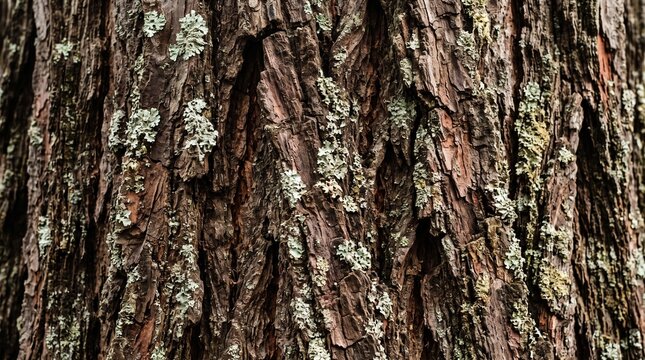 Detailed close up of pine tree bark texture showing deep fissures and aged surface growth of natural green lichen for woodland forest environment backgrounds.