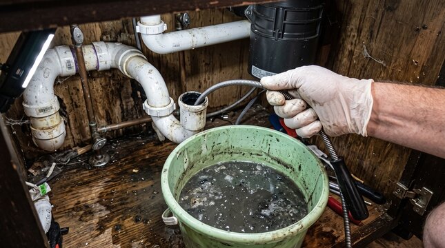 Plumber in white protective glove uses metal drain snake tool to clear clogged kitchen sink pipe with dirty wastewater filling green bucket inside cabinet.