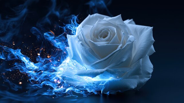 White rose surrounded by dynamic blue flames and glowing sparks against a dark background creating a mystical and captivating visual contrast