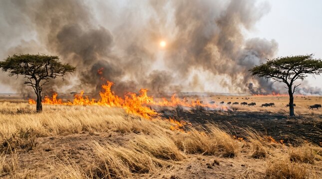 Wild wildebeest migration herd fleeing across dry savanna landscape during intense wildfire with thick smoke billows rising above burning golden grass fields.