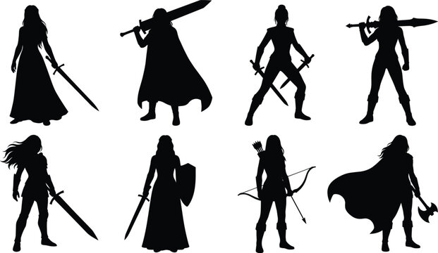 Female Warrior Silhouette Collection with Swords Shields Bows and Fantasy Battle Characters