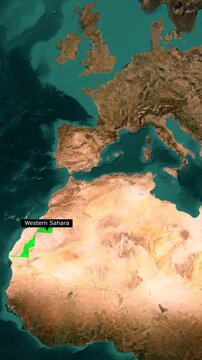 Western Sahara Territory Highlighted on World Map, Vertical 3D Satellite Zoom In Animation