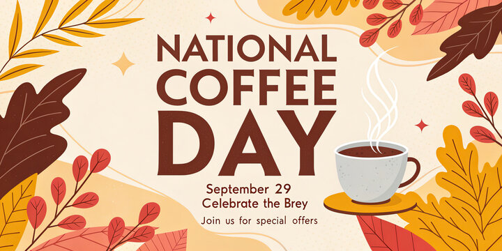 Coffee Day Promotion Banner with Cups Coffee Beans and Free Drink Offer