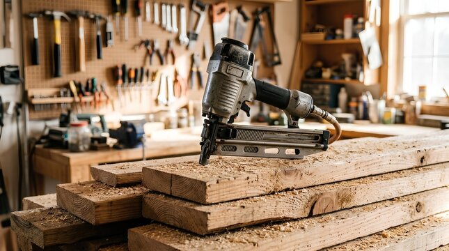 Heavy steel pneumatic nail gun resting on rough pine planks in sunlit woodworking shop with sawdust and wall of hand tools
