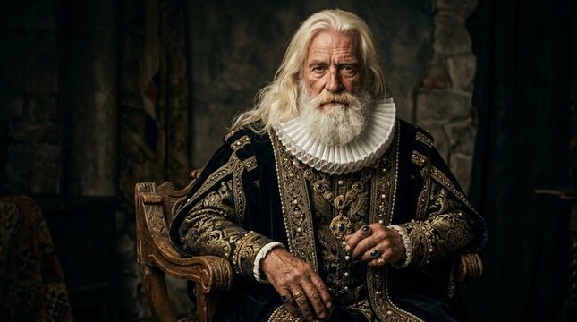 Ancient elderly nobleman with flowing white beard and platinum blonde hair wearing ornate embroidered dark robe with ruffled collar seated in stone chamber, portrait of medieval European aristocrat