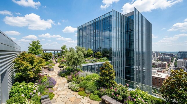 Modern glass office tower with lush green rooftop garden featuring small trees, flowering shrubs, ornamental grasses and stone pathway overlooking cityscape under bright blue sky