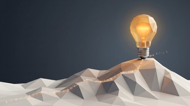 Corporate strategy and upward financial trajectory concept shown by glowing graph reaching lightbulb on mountain peak