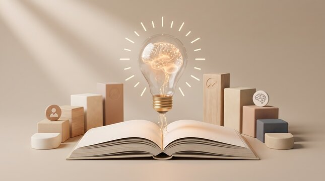 Educational technology and continuous learning concept with glowing brain lightbulb above book and rising business charts