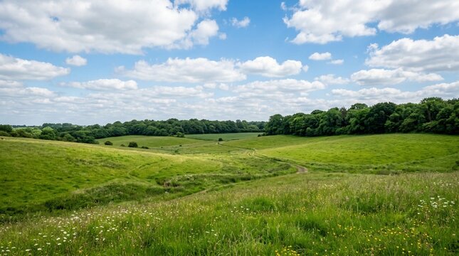 Vast summer countryside meadow with lush green rolling hills, vibrant wildflowers, distant dark green tree line, winding dirt path, and bright blue sky with fluffy white clouds