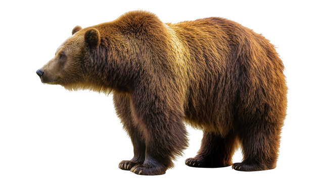 Brown grizzly bear standing profile, isolated on transparent background