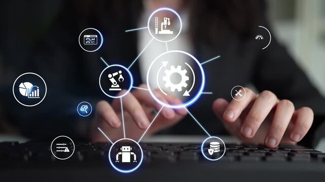 Predictive maintenance icons for industry, automation, smart factory and manufacturing showing data analysis, monitoring, robotics and system optimization with advanced maintenance solutions. Funnel