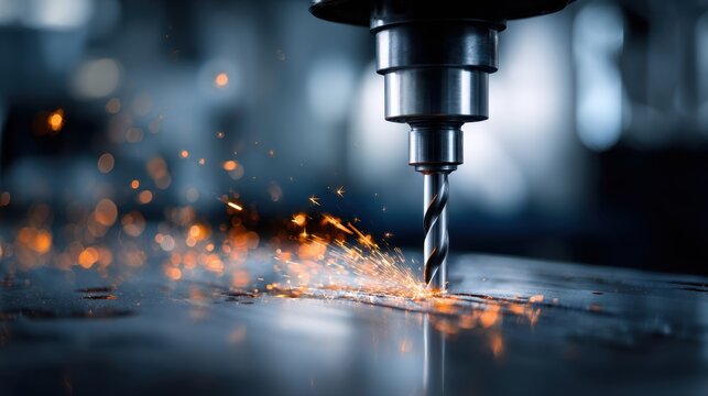 Industrial metalworking process with precise machinery producing bright sparks while drilling into steel sheet in a modern manufacturing environment