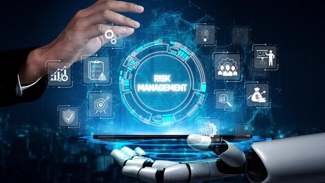 Hand Reaching Out to Interactive Digital Interface on Risk Management with Futuristic Elements and Robotic Arm Representation in Business Environment Sigmoid