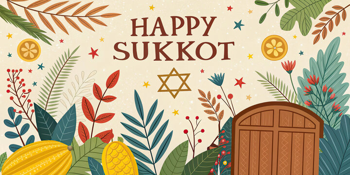 Happy Sukkot Jewish Holiday Greeting Banner With Etrog Lulav Autumn Foliage