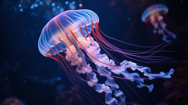 Glowing Bioluminescent Jellyfish Swims in Dark Ocean Depths, Underwater Sea Life