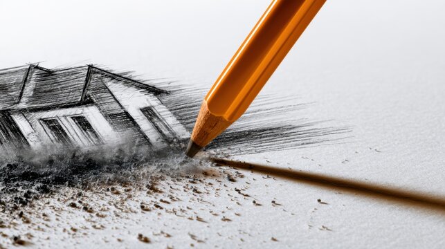 Creative concept of a pencil sketching a house while erasing the image symbolizing change, transformation, or reconsideration of architectural ideas on white pa