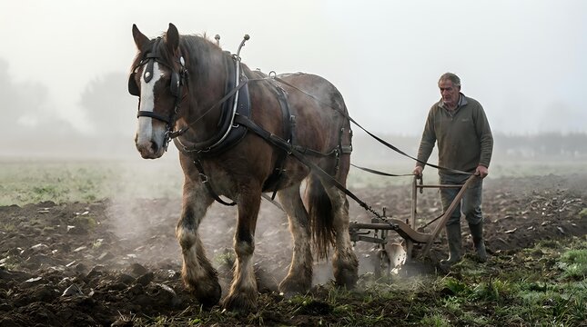 Dark horse pulling plow with farmer in misty field during traditional