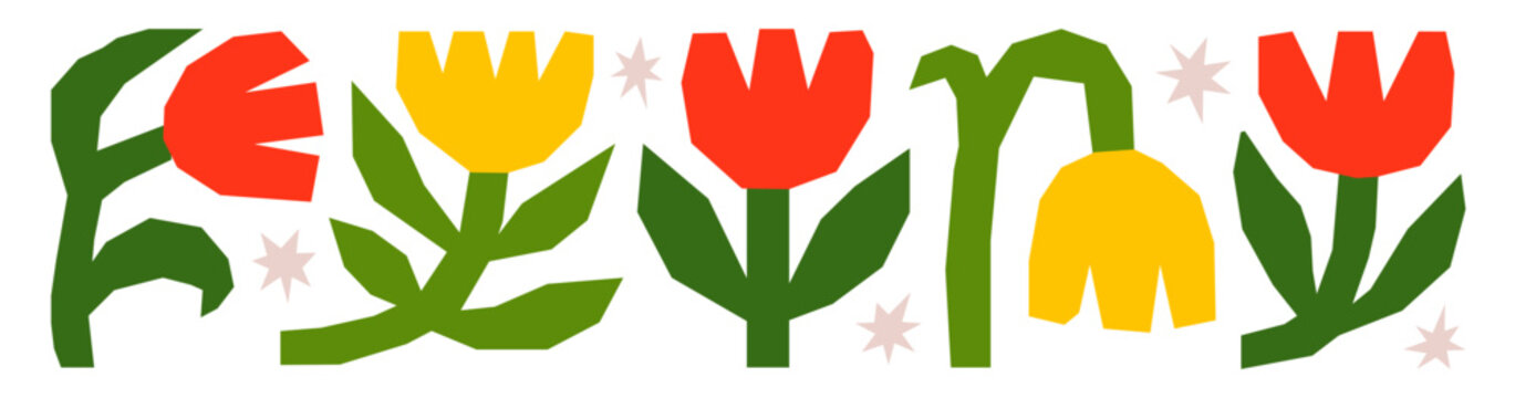 Colorful paper cut flower collage with naive tulip shapes, hand cut organic forms and decorative botanical elements for scrapbook, posters, cards, crafts and creative design.
