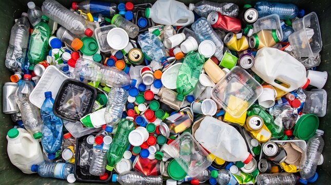 Assorted recyclable items in a bin.