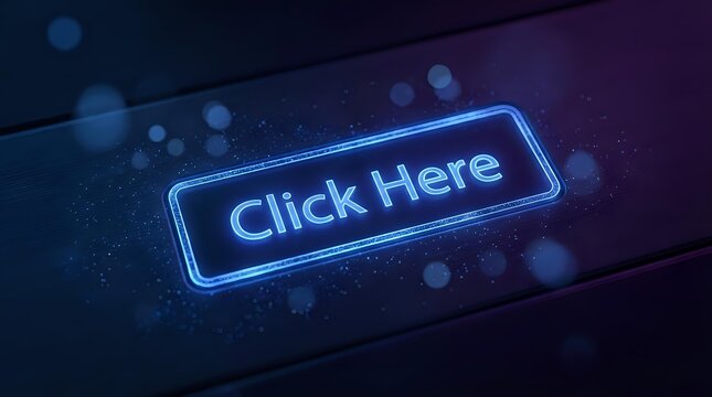 Click Here neon sign glowing with blue electric light on dark digital