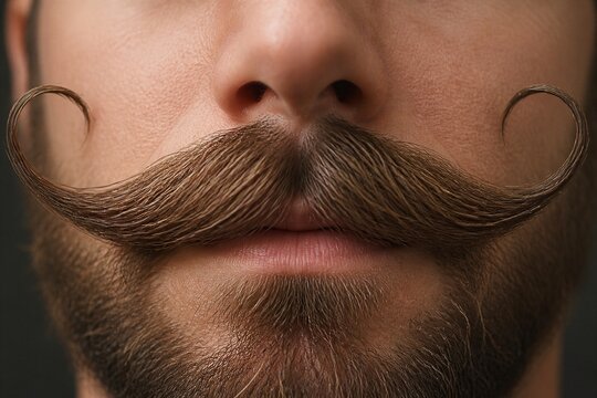 Bearded man with curled mustache in close up portrait