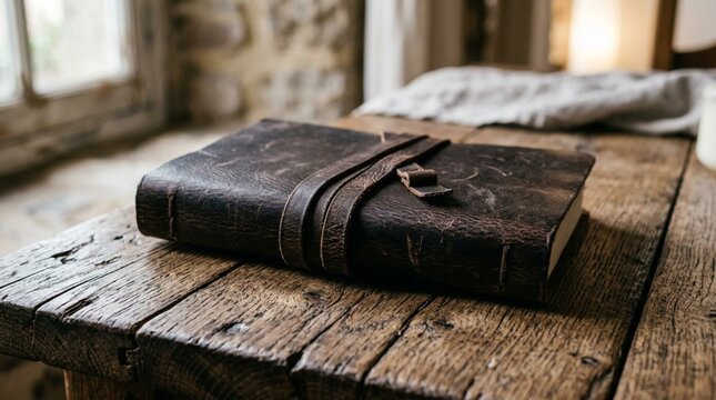 Vintage dark leather bound journal with wrap around strap resting on rustic textured wooden table bathed in soft natural window light