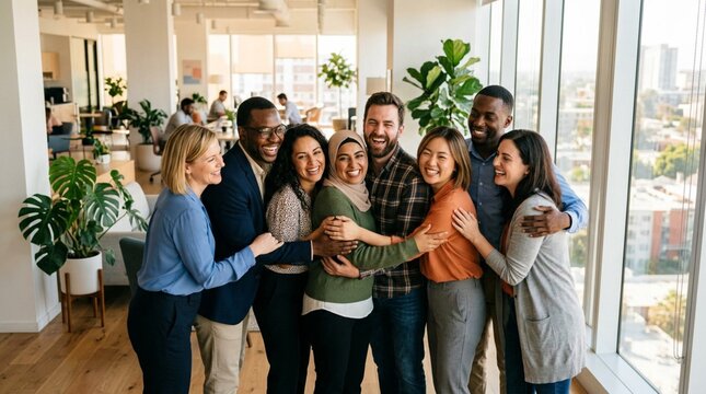 Diverse business colleagues embracing in joyful group hug inside bright modern office with large windows, greenery, and city view, celebrating teamwork, diversity, and unity