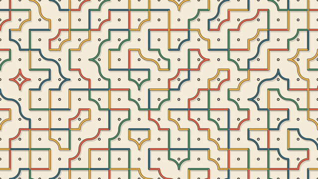 Retro geometric pattern background with colorful maze lines and dots