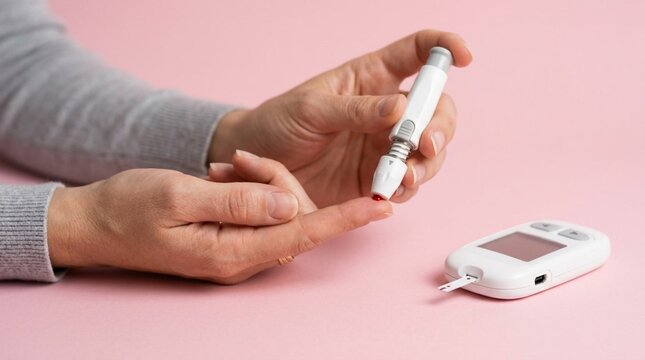 Close-up of woman's hands using white lancing device on fingertip for blood glucose testing with compact digital glucometer on soft pink background, diabetes monitoring concept