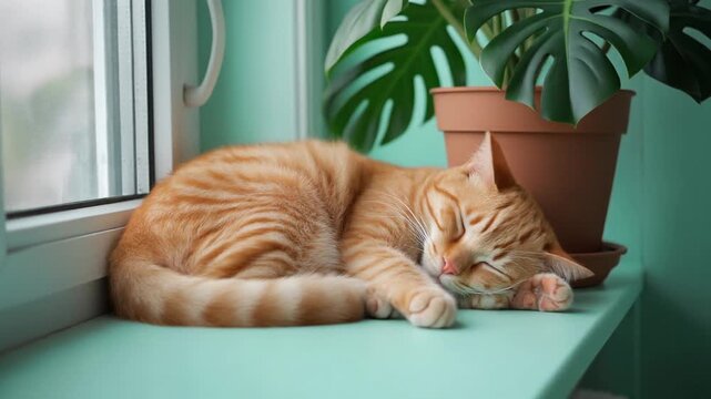 Orange Tabby Cat Sleeping Peacefully on a Mint Green Window Sill with Green Plants