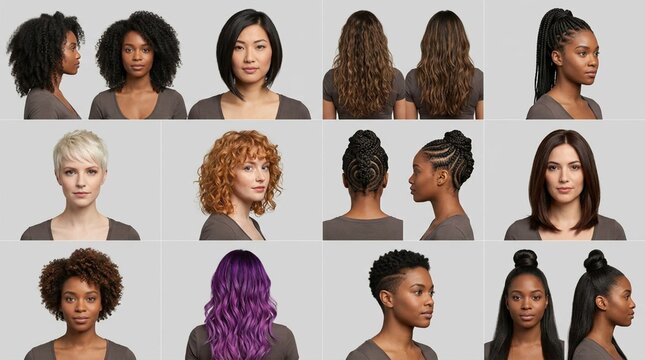 Diverse virtual hairstyle collection displayed on plain neutral background, multiple haircut options featuring varied hair colors, lengths, textures, and styles for beauty concept