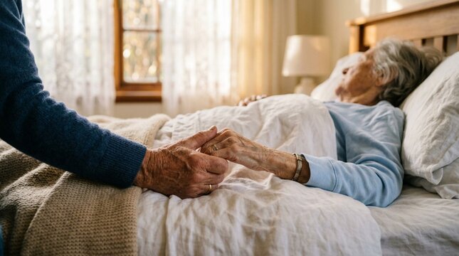 Intimate close-up of caregiver's weathered hand gently clasping elderly woman's hand in warm sunlit bedroom, conveying love, comfort, and compassionate end-of-life care