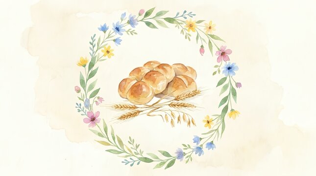 Hand Painted Watercolor Floral Circle Frame with Freshly Baked Bread Rolls and Grain Stalks watercolor frame round frame baked buns wheat sprig hand painted watercolor illustration bread frame